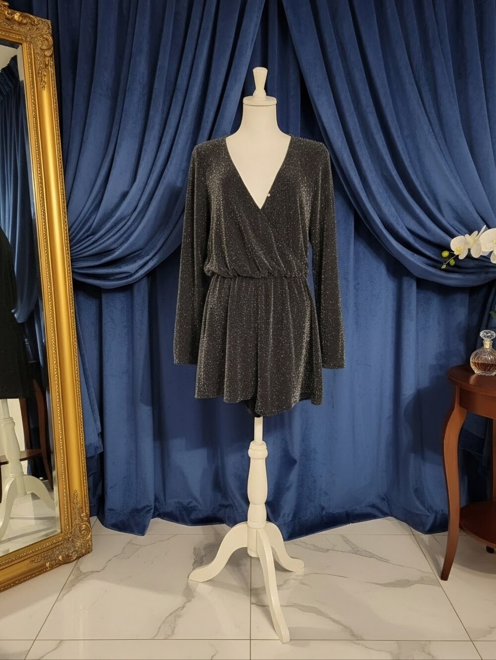 Socialite Shimmery Black Long-Sleeve V-Neck Dress